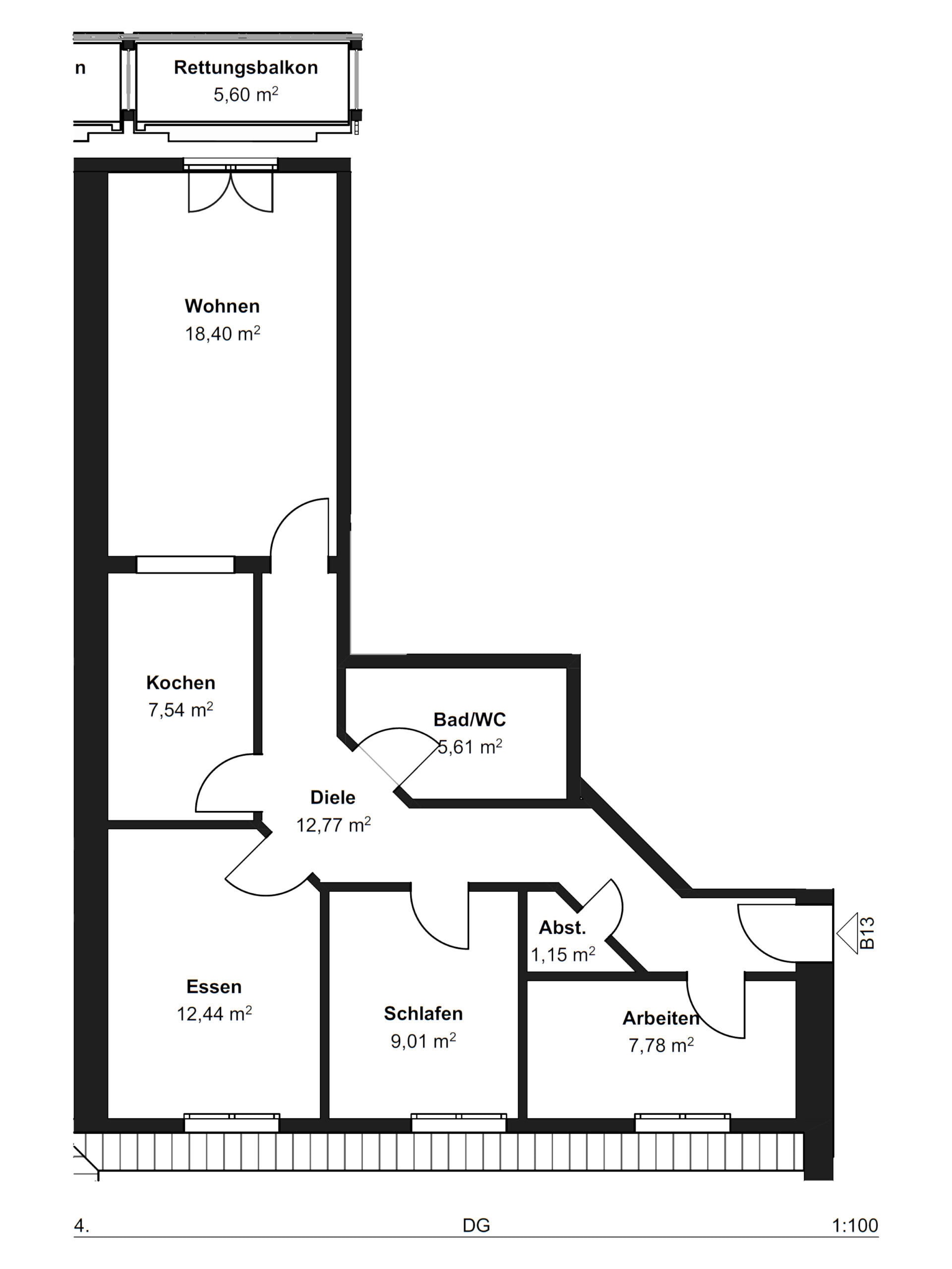 Grundriss Wohnung B13, 4 Raum Wohnung, 76m²